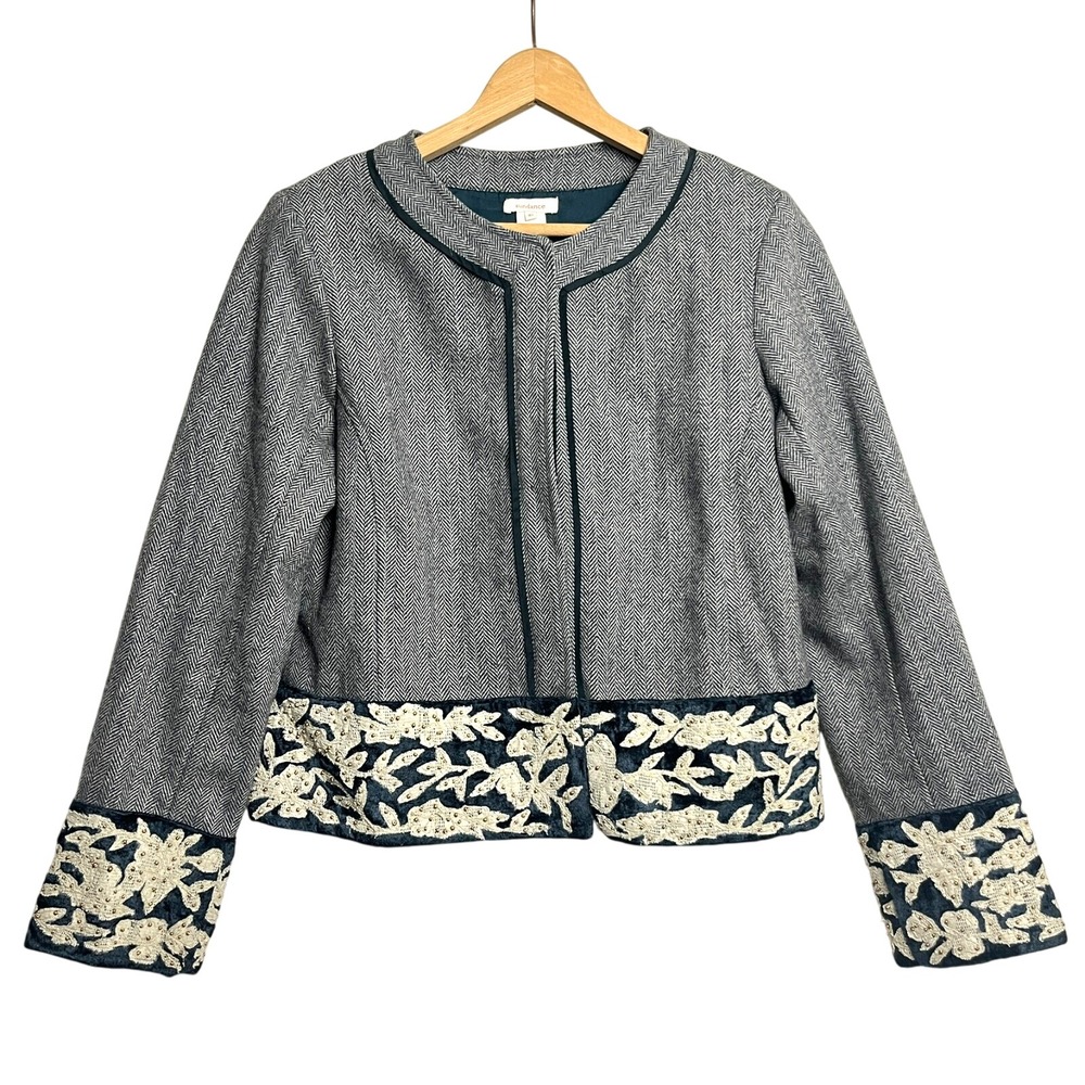 Sundance Gray Tweed Wool Embroidered Velvet Trim Blazer Jacket Herringbone Sz 10